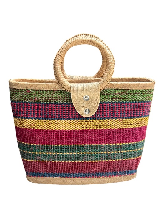 American Vintage Handbags - Vintage Woven Straw Tote Bag Top Handle Basket Purse Multi Color Stripe Boho